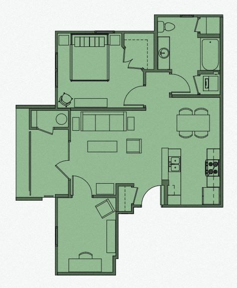 Floor plan for 1 bed, 1 bath, 876 sqft